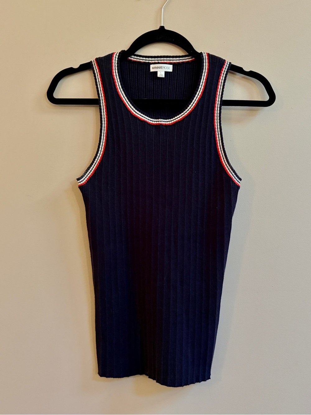 Minnie Rose Contrast Ribbed Knit Tank Top Stretchy Fit Navy Red & White